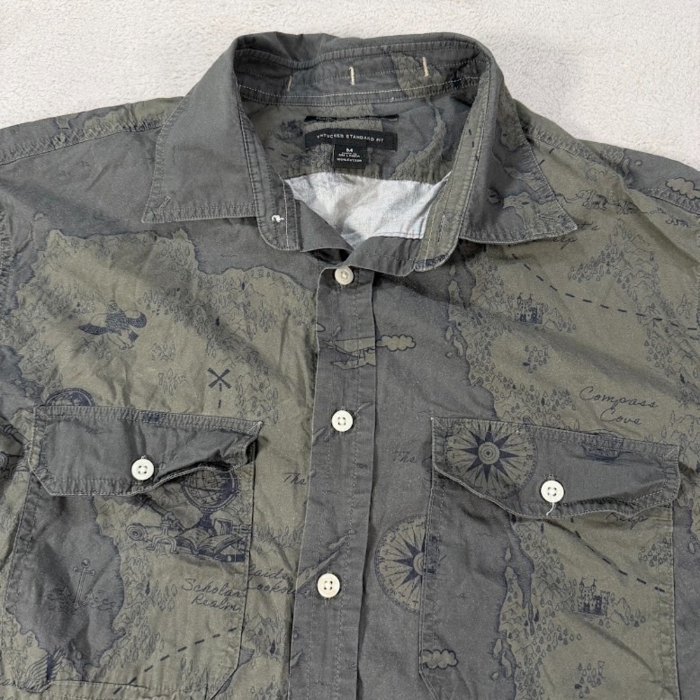 Banana Republic Organic Cotton Shirt Men Medium Standard Fit Green Treasure Map - Picture 2 of 8
